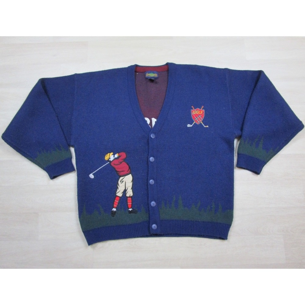 Vintage 90s Golf Cardigan Sweater Men's (XL) Wool Blend Slouchy Grandpa Preppy